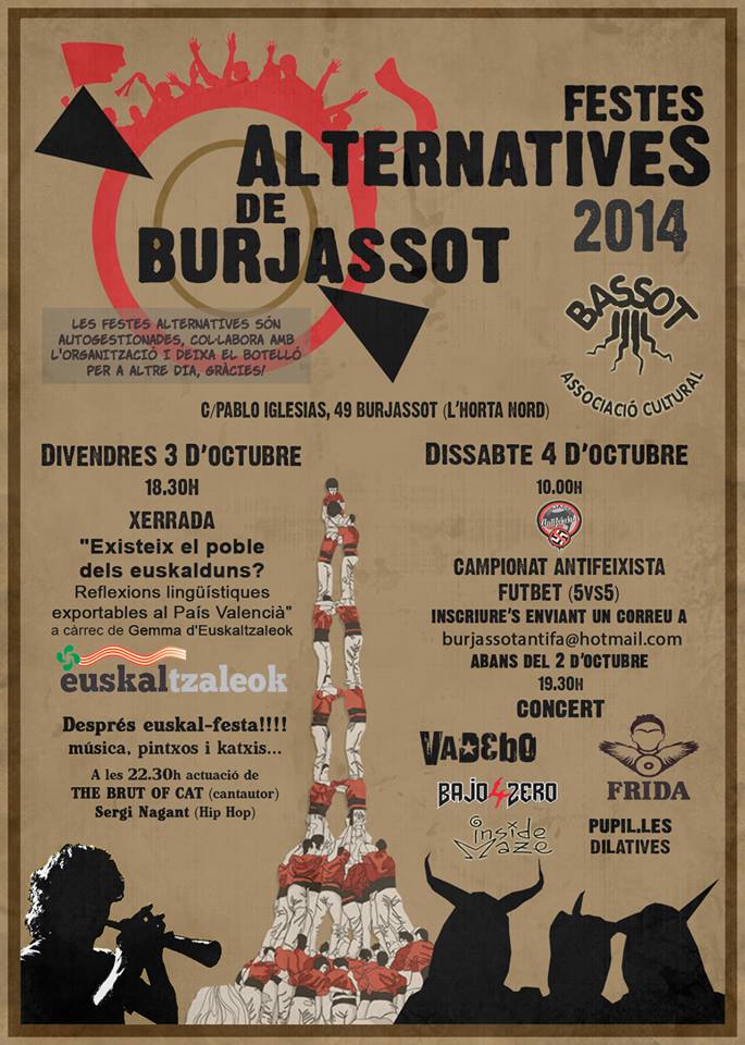 2014ko Burjassot-eko festa alternatiboak iragartzen dituen kartela, euskal hitzaldi bat ere egitarauko parte