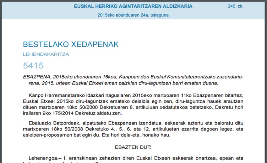 Resolución adjudicando las ayudas a Euskal Etxeak y federaciones de 2015