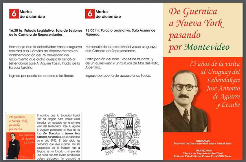 Las jornadas por el 75 aniversario de la llegada del Lehendakari Agirre a Montevideo tendrán lugar del 2 al 6 de diciembre