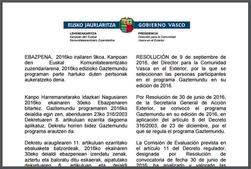 The Resolution by Director of Relations with the Basque Community Abroad