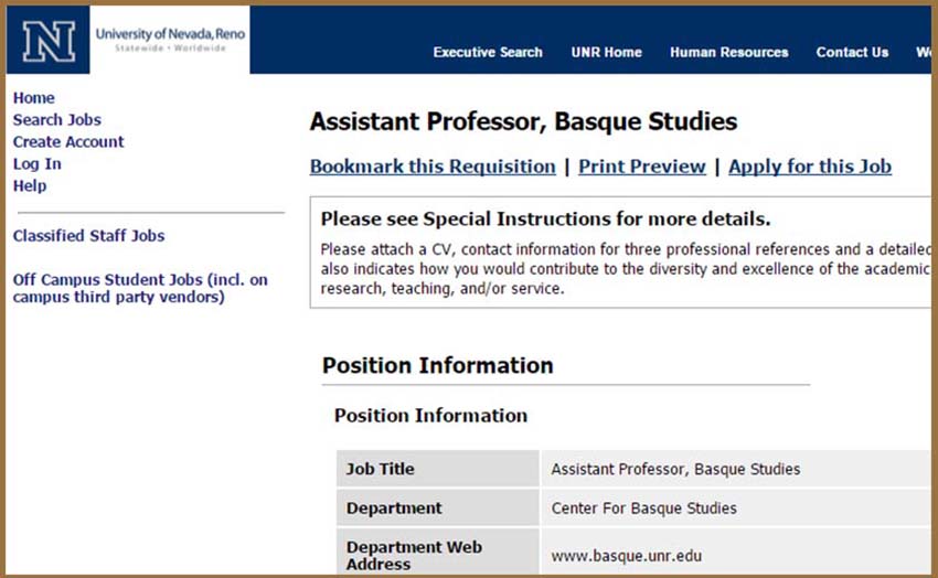Las condiciones de la plaza en la página web de la Universidad de Nevada, Reno