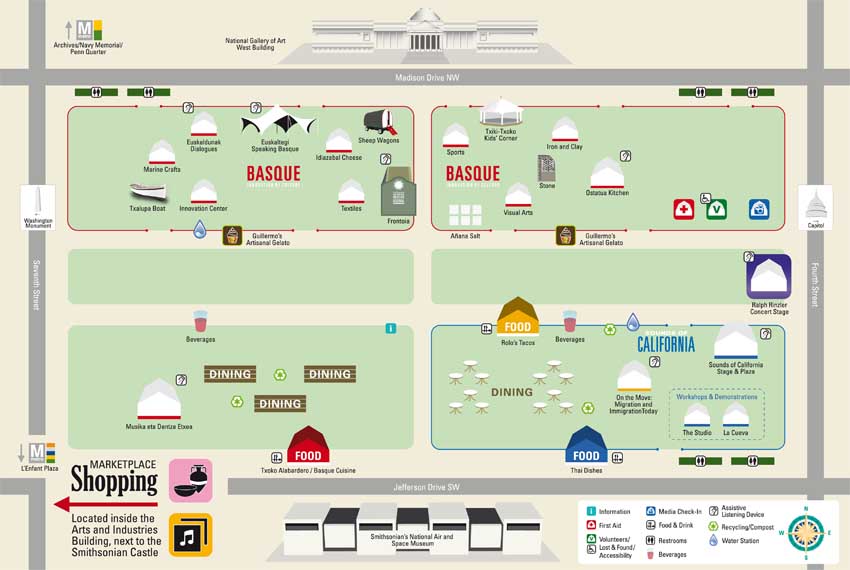 Mapa del Basque Folklife Festival que tendrá lugar en Washington entre el 29 de junio y 4 de julio y del 7 al 10 de julio próximos