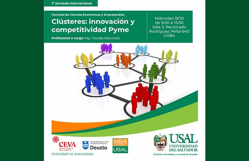 Flyer de la primera jornada internacional de la Cámara Empresaria Vasco Argentina sobre ‘Clústeres: innovación y competitividad Pyme’