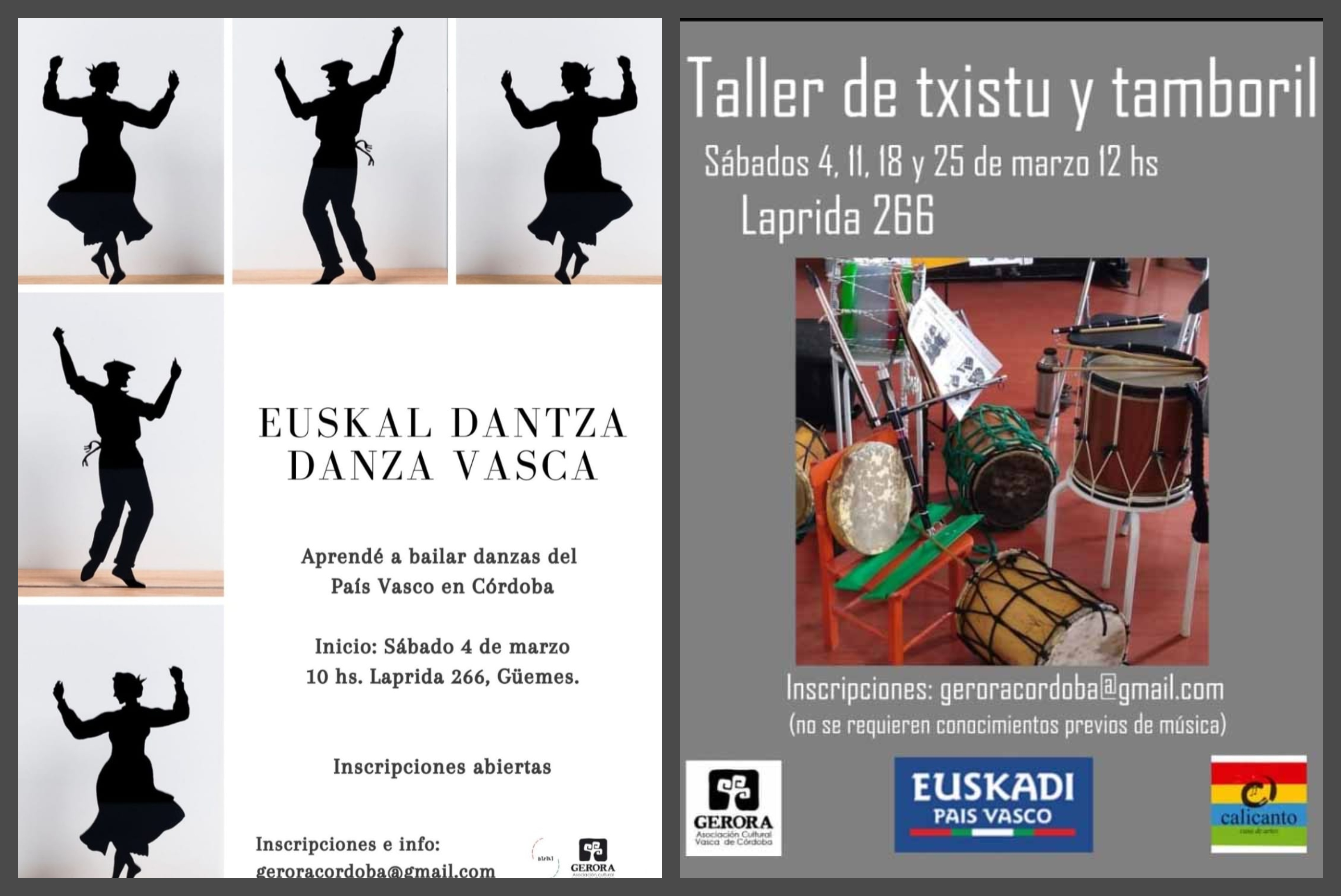 Imagen de dos de los flyers de la oferta cultural de la Asociación Vasca Gerora, de Córdoba: baile e instrumentos vascos