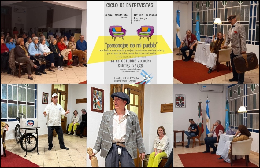 Jende ugari bildu zen Lapridako Lagunen Etxeak aurkeztutako "Personajes de mi pueblo" ikuskizunean, Gabriel Monferato idazlea, Natalia Fernández eta Leo Vergel aktoreak eta Ramiro Torres musikaria partaide