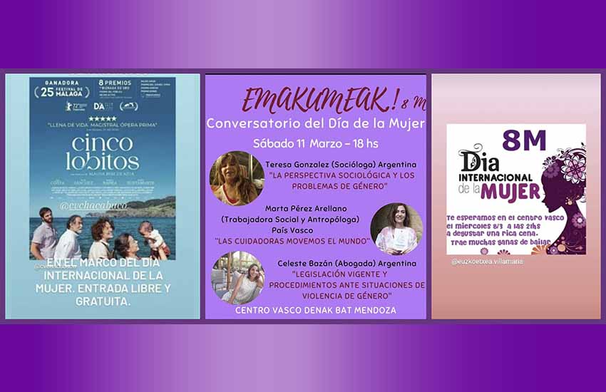 Flyers de las actividades organizadas por las euskal etxeas de Chacabuco, Mendoza y Villa María con motivo del 8M