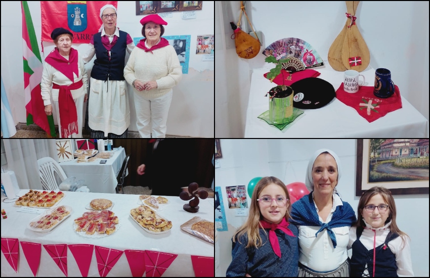 Ezkerretik eskuinera: Gure Txokoako Hilda Zubeldia lehendakariordea; María Inés Etchevers lehendakaria; eta Evelia Bianchi batzordekidea. Erakusketako objektuak eta pintxo eskaintza. EEko Cynthia Uberuaga idazkaria eta Francesca eta Constanza Sillone