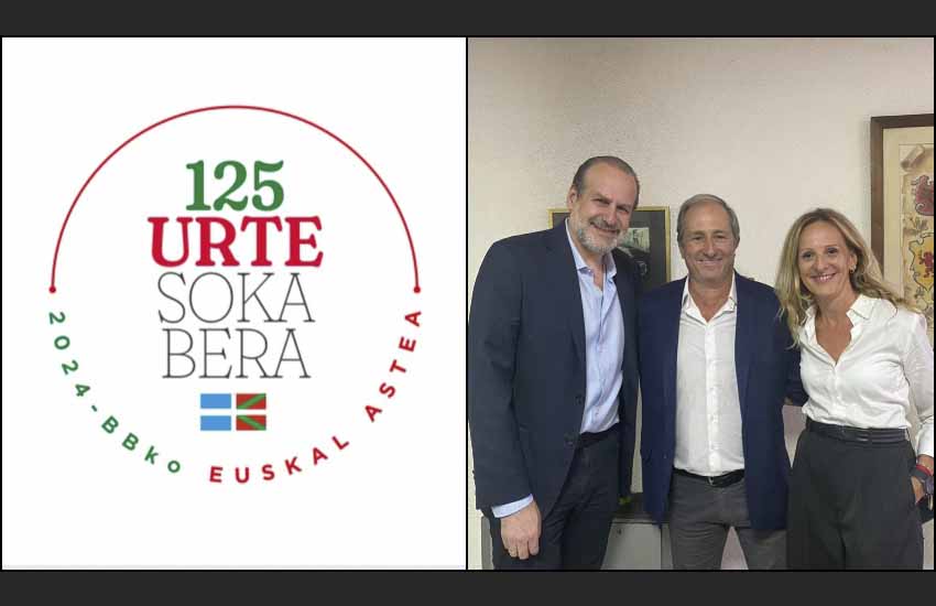 “125 urte, soka bera” (125 años, la misma soga), logo oficial de la SNV 2024. A la derecha el Intendente Federico Susbielles, el lehendakari de Unión Vasca Iñaki Ederra y la lehendakari de FEVA, Arantxa Anitua en el acto de lanzamiento del evento.