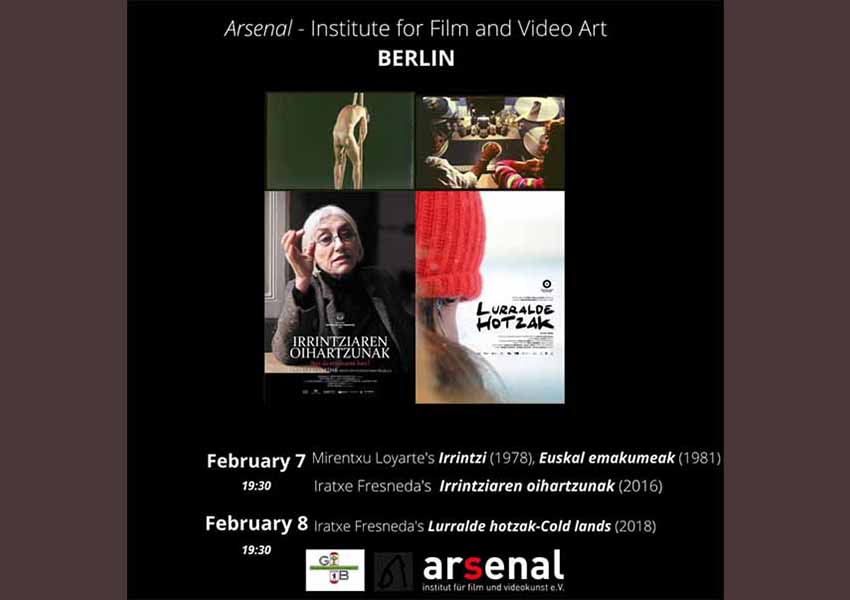 Cartel de la exhibición de cine de Mirentxu Loyarte e Iratxe Fresneda en Berlín, con las propias creadoras presentes