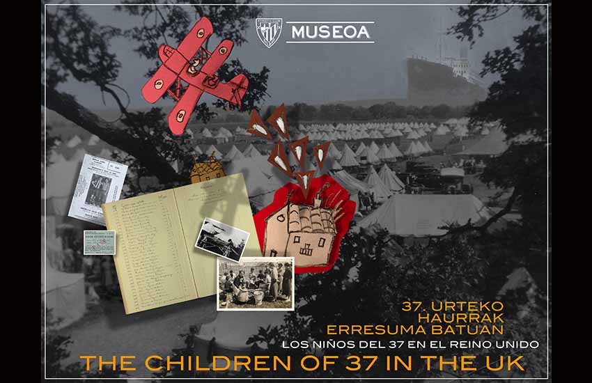 Cartel de la exposición “Los niños del 37 en el Reino Unido” en el Athetic Club Museoa en el estadio de San Mamés