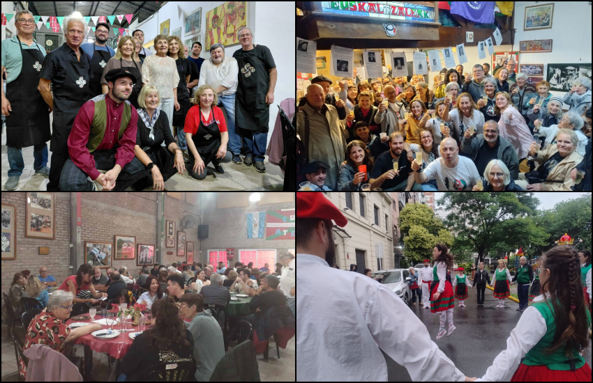 Euskararen Eguna 2025, joan den asteburuko ospakizunak. Ezker-eskuin, Eusko Aterpea-ko batzordekideak, Euskaltzaleak-en brindisa, bazkari jendetsua Gral. Rodríguezen eta sokadantza Euskaltzaleak-en egoitza aurrean