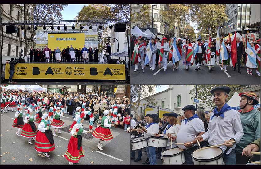 Ekainaren 4an izandako “Buenos Airesek Euskal Herria ospagai” jaialdiaren postalak: agurra, inaugurazio-desfilearen burua, plazako dantzak eta Danborrada