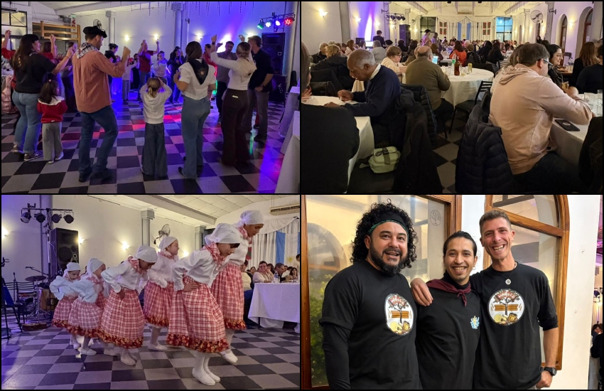 Dantza biribilak Chacabucoko Euskal Etxeko areto betean. Behean, txikien dantza taldea emanaldian, eta ezkerretik eskuinera, San Nicolaseko Haritz musika taldeko kide Gustavo Galeano, Rubén Vásquez eta Renzo Delgaudio