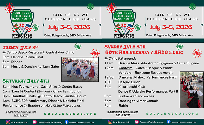 2026ko NABO Convention eta AEBko Euskal Festa Nazionala Kaliforniako Chino herrian izango da, uztailaren 3, 4 eta 5ean
