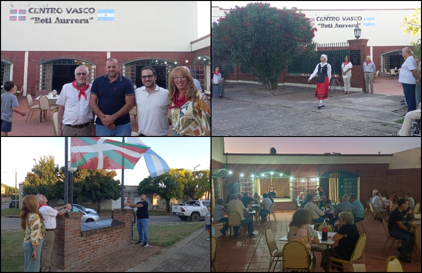 Ezker-eskuin, Beti Aurrerako lehendakari Jose Luis Garmendia, Esteban Genaro eta Matías Muo udal agintariak, Adriana Irrazabal lehendakariordea, Agurra Milena Barrosoren eskutik, ikurrina eta Argentinako banderen igoera, Garagardo Patioa