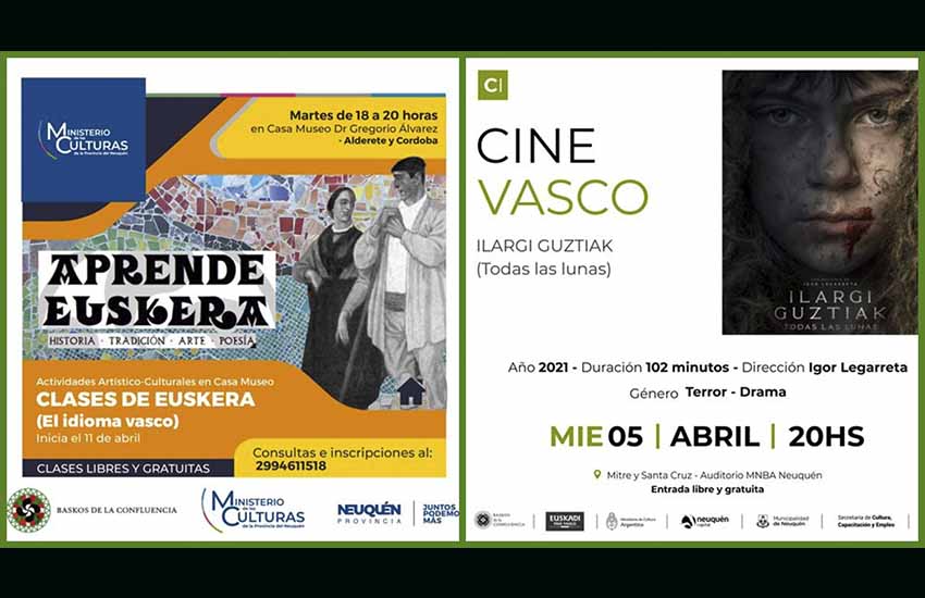 Imagenes de los flyers utilizado por Baskos de la Confluencia para promocionar en las redes la cuarta edición de su ciclo de cine vasco y sus cursos de euskera