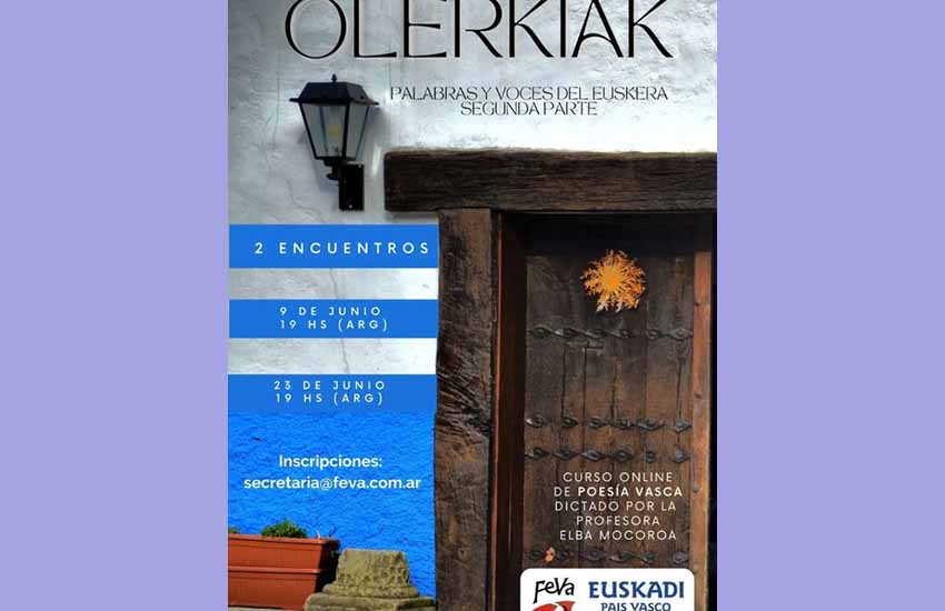 El 9 de junio se desarrollará el primer encuentro virtual del año de poesía vasca "Olerkiak - Palabras y voces del euskera “, organizado por FEVA y coordinado por la Prof. Elba Mocoroa 