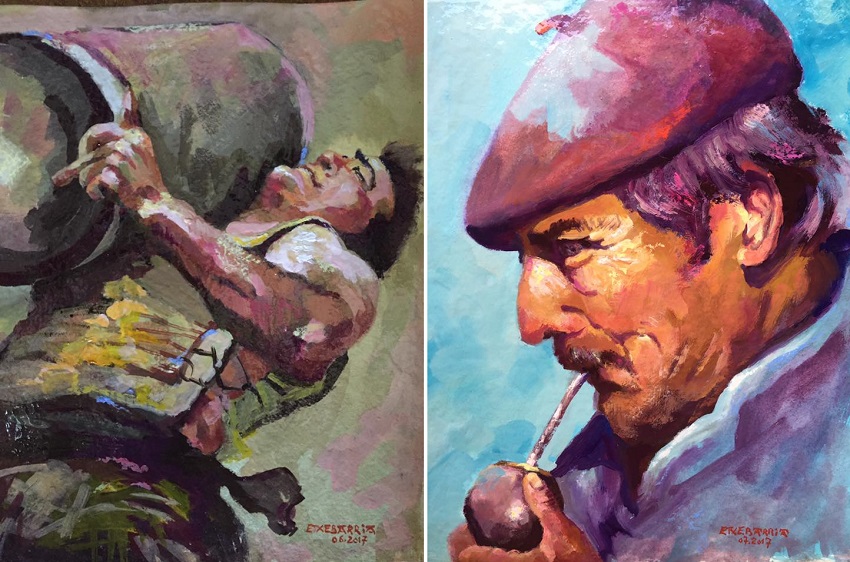 Two paintings by Miguel Etxebarria: "Euskal jai, Aizkolari" and "Basques in Patagonia"