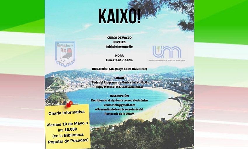 Announcement for the information meeting this Friday, May 10th about Basque classes at the National University in Misiones