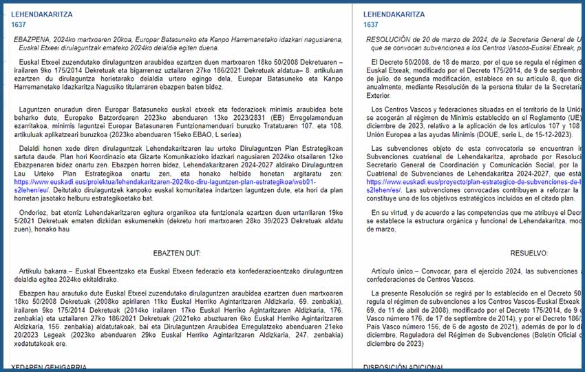 La Resolución que regula las subvenciones a Centros Vascos-Euskal Etxeak, sus federaciones y confederaciones en 2024