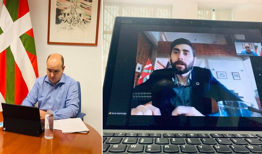 Las dos caras de la reunión, en Lehendakaritza y en la Euskal Etxea caraqueña (fotos Gobierno Vasco)