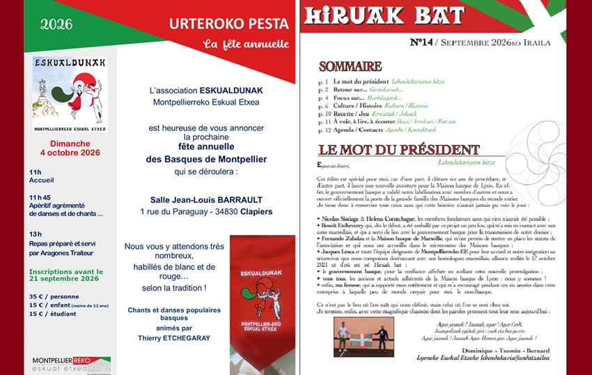 ‘Hiruak Bat’ buletinaren 14. zenbakia atera berri dute Frantzia hegoekialdeko Lyon, Montpellier eta eta Marseillako euskal etxeek