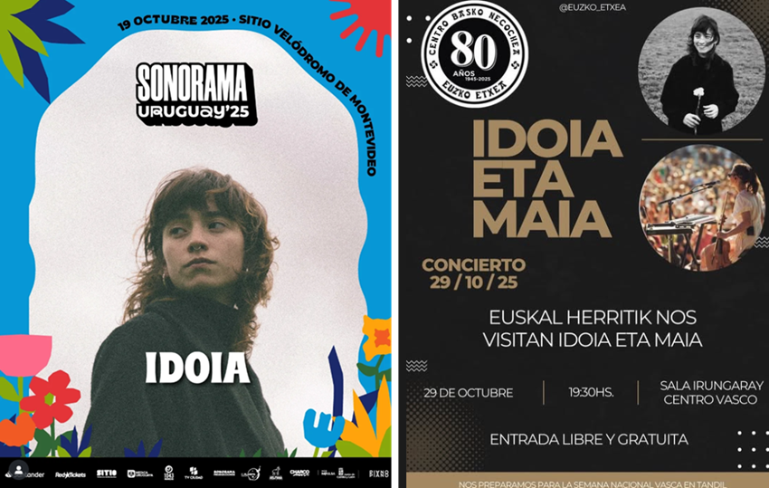 Dos de los cartes de la gira de Idoia Asurmendi por Uruguay y Argentina: el del Sonorama de Montevideo y el de Euzko Etxea de Necochea