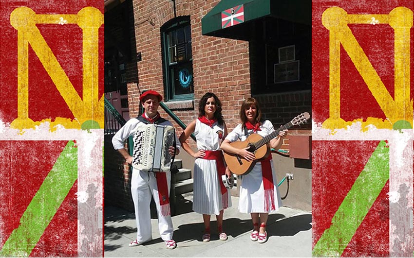 Jota musicians Iñaki, Cristina, and Joanna in front of the Boise Basque Club, while making Jaialdi 2015's atmosphere even more unforgettable (Images: I.R., Jaialdi 2015, and Wikimedia)