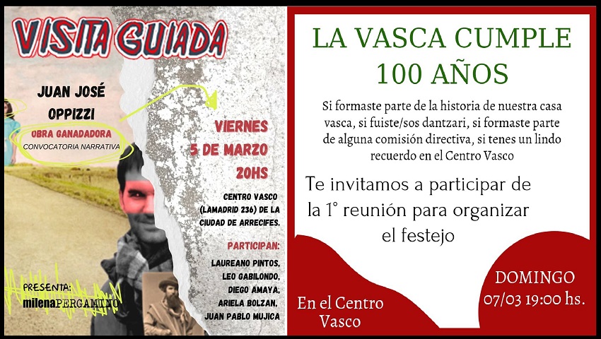 Hoy, en el aniversario de la Biblioteca "Lucio Echaniz" y de la Casa de la Cultura Vasca, Juan José Opizzi presentará 'Visita Guiada'