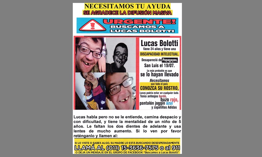 Afiche solicitando información sobre la persona de Lucas Bolatti