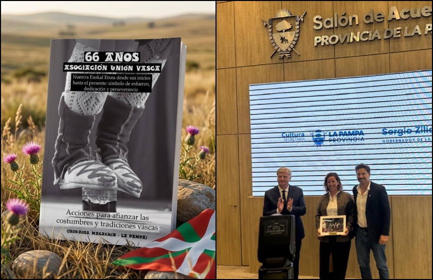 La Pampa probintziako Macachingo Unión Vasca Euzko Alkartasuna euskal etxearen historia dokumentatzen duen trilogiaren hirugarren liburukiaren azala. Ekitaldia Gobernu Etxean euskal dantza La Pampako Kultura Ondare Immaterial gisa aitortzeko