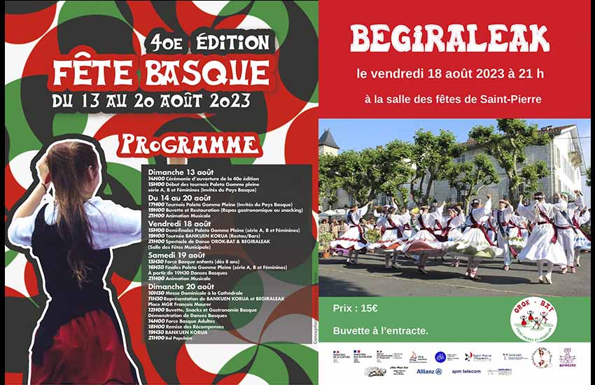 Izda, cartel de la 40 edición de las Fiestas Vascas de Saint Pierre y Miquelón; dcha, cartel de la actuación de Begiraleak el 18 de agosto