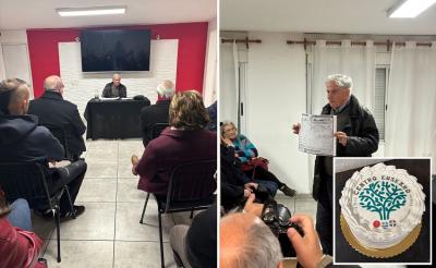 Juan Antonio Varesek “Andrés de Oyarbideren legatua Río de la Platan” hitzaldiko bi iruditan Montevideoko Euskaro Euskal Etxean