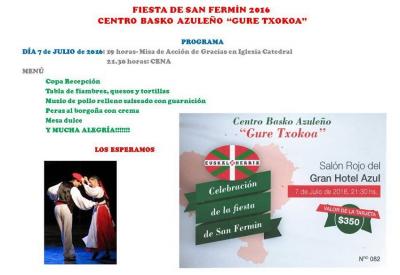 Invitation to the 2016 San Fermin Dinner at the Gure Txokoa Basque club in Azul