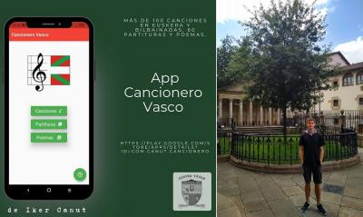 Image of the “Cancionero Vasco,” App and its creator, Iker Canut in Gernika