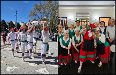 Aralarko San Migel jaiak Argentinan. Ezkerrean, Mar del Platako dantzariek Katedralaren aurrean dantzatu zuten, eskuinean, Buenos Airesko Laurak Bateko dantzariak Jose Gutierrez txistulariarekin