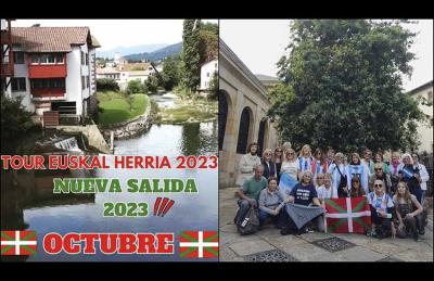 A la derecha, en Gernika, el grupo que viajó el pasado junio en el Tour Euskal Herria 2023 organizado por Mariana Dominé Irigoyen