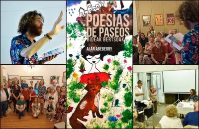 Alan Abeberry Azulen eta Iparraldeko Euskal Etxean egindako emanaldien irudiak; erdian,  'Poesías de paseos. Bideak Bertsoak' liburuaren azala; behean, eskuinean, idazlea Azulgo Gure Txokoan, María Inés Etchevers eta Hilda Zubeldia lagun dituela
