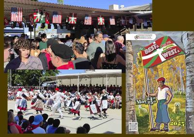 Imágenes del año pasado de la fiesta vasca que organiza el Kern County Basque Club de Bakersfield y cartel de 2025, obra de Pierre Igoa
