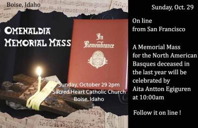 Este domingo misas en Boise y San Francisco en recuerdo a los fallecidos en la colectividad vasca. Difusión online desde San Francisco