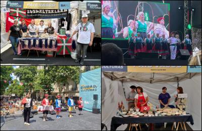 Ezkerretik eskuinera, oroigarriak eta Zirimiriko zeramikak Euskaltzaleak-en postuan, Laurak Bateko dantzariak oholtzan; Arku Dantza eta Zuberoako Maskarada Euskaltzaleak-eko Elkarlaneanen eskutik; eta Laurak Bateko postuan Jesusa Ontziak