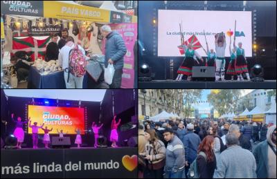 Zeramika eta kultur dibulgazioa Euskaltzaleak elkartearen standean, Laurak Bat Euskal Etxeko eta Euskaltzaleak elkartearen Elkarlanean taldeko dantzariak oholtza gainean, Maiatzeko Etorbidearen ikuspegi orokorra BAC Europan