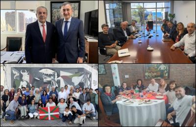 A. Esteban, Eduardo Frei Txileko presidente ohiarekin, Jose I. de Mendiguren ministro eta diputatu ohiarekin. Aberri Eguneko ospakizunak: Montevideoko Euskaro Euskal Etxean eta Cañuelasen (Buenos Aires), Denak Bat Euskal Etxean