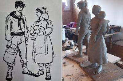 Sketch and work process of the monument that the Basque club gifts the city of Macachin