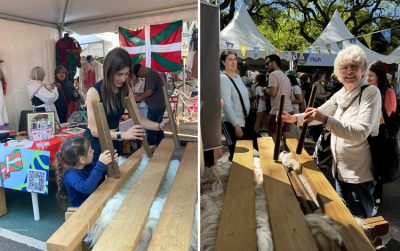 Publikoa eta zaleak txalapartarekin jolasean Haize Hegoaren euskal standean Montevideoko ‘CH’ Udaleko Gizataldeen Azokan