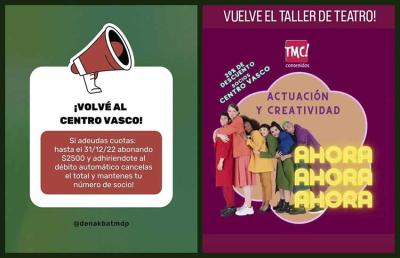Imágenes promocionales de la campaña para estimular la vuelta de los socios y del taller de teatro dirigido por María Carreras