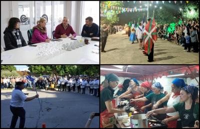 Arriba a la izquierda, Arantxa Zubillaga, vicepresidenta de Euzko Etxea, con autoridades municipales por la organización de la 20° edición de la Fiesta de las Colectividades. El sábado 27 llegará la Tamborrada para celebrar el Día de San Sebastián