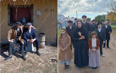 Imágenes del rodaje: a la izquierda, Joseba Usabiaga y Patxi Bisquert en el campo; a la derecha, Sara Cozar (encarna a la mujer de Otaño en el film), con la gente del pueblo