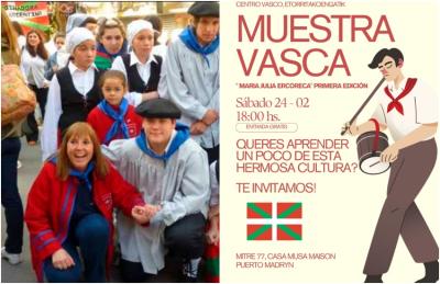 María Julia Ercoreca, junto a dantzaris de Etorritakoengatik en la Semana Nacional Vasca 2010, en Mar del Plata. Flyer para la difusión de la Muestra diseñado por la dantzari Agustina Herrero García