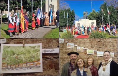 Euskal presentzia Immigranteen Monumentuan egindako ekitaldi ofizialean eta Mulazzi Museoan. Behean, Hiru Errekako Lehendakari Horacio Jaureguibehere, Celeste Cataneo, Clyde Etchegoyen eta Myrian Hojbjerg Izurieta EEko kideekin batera